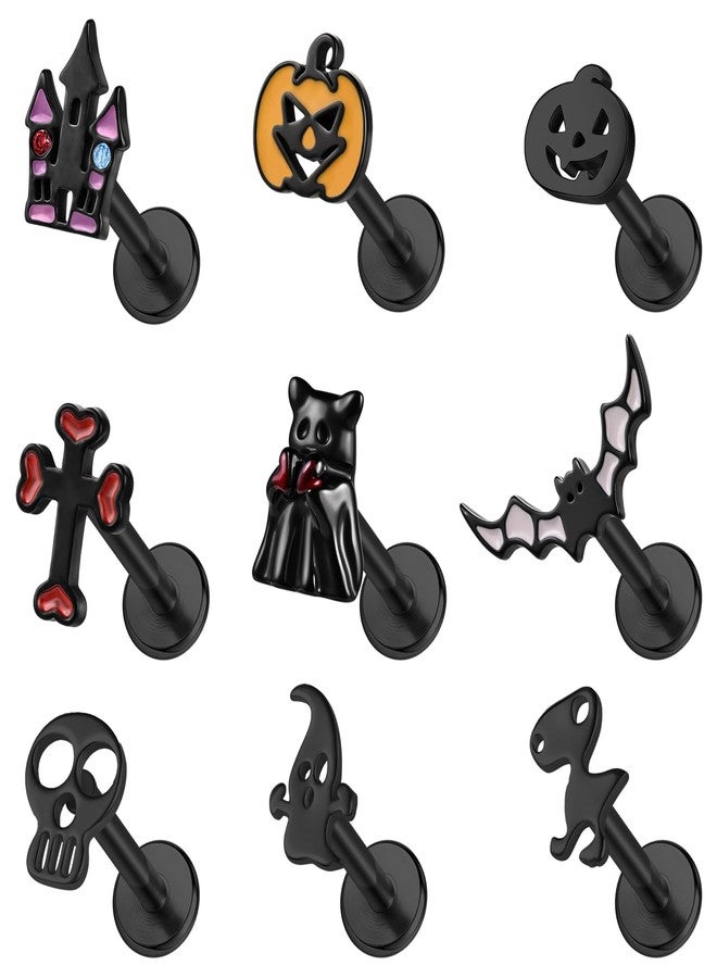 BodyAce Halloween Lip Rings 16G Flat Back Earrings Pumpkin Helix Cartilage Earring Black Skull Tragus Piercing Ghost Lip Studs halloween Labret Jewelry [BL:6mm;Black] - Image 1